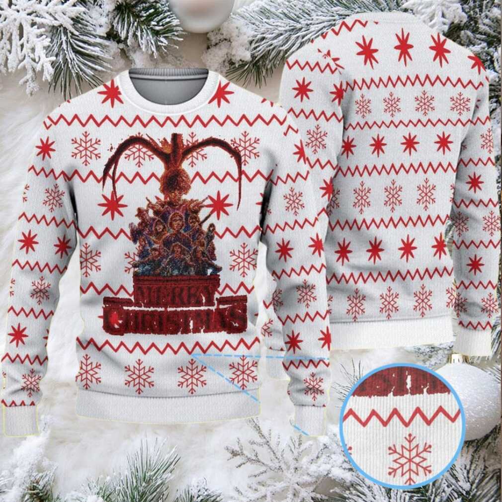 White and Red Zigzag Snowflake Ugly Christmas Sweater Stranger Things Mind Flayer and Heroes Pattern White and Red Zigzag Snowflake Ugly Christmas Sweater Stranger Things Mind Flayer and Heroes Pattern
