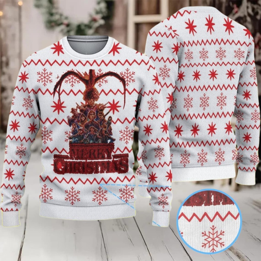 White and Red Zigzag Snowflake Ugly Christmas Sweater Stranger Things Mind Flayer and Heroes Pattern White and Red Zigzag Snowflake Ugly Christmas Sweater Stranger Things Mind Flayer and Heroes Pattern