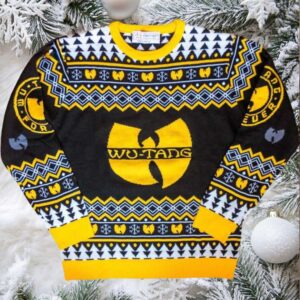 Wu Tang Clan Logo Snowflakes Yellow Black White Ugly Christmas Sweater Wu Tang Clan Logo Snowflakes Yellow Black White Ugly Christmas Sweater