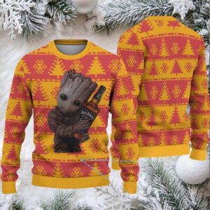 Yellow and Red Pixel Tree Knit Ugly Christmas Sweater Jack Daniel’s Whiskey with Baby Groot Holding Bottle