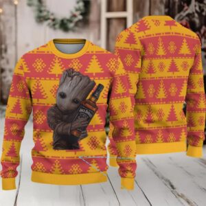 Yellow and Red Pixel Tree Knit Ugly Christmas Sweater Jack Daniel’s Whiskey with Baby Groot Holding Bottle