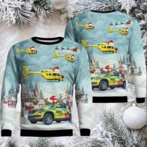 Yorkshire Air Ambulance Car Eurocopter EC 145T2 Christmas AOP Sweater Yorkshire Air Ambulance Car Eurocopter EC 145T2 Christmas AOP Sweater