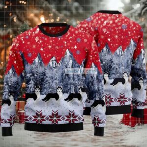 Siberian Husky Snow Ugly Christmas Sweater Red Couples