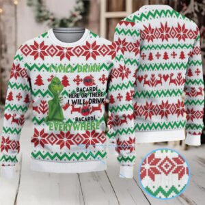 White Red & Green Fair Isle Poinsettia & Christmas Tree Bacardi Ugly Christmas Sweater