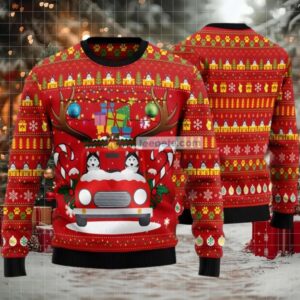 Siberian Husky Reindeer Car Ugly Christmas Sweater Red Couples