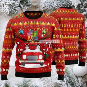 Siberian Husky Reindeer Car Ugly Christmas Sweater Red Couples
