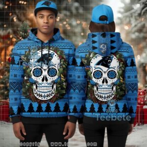 Carolina Panthers Skull Floral 3D Ugly Hoodie Zipper