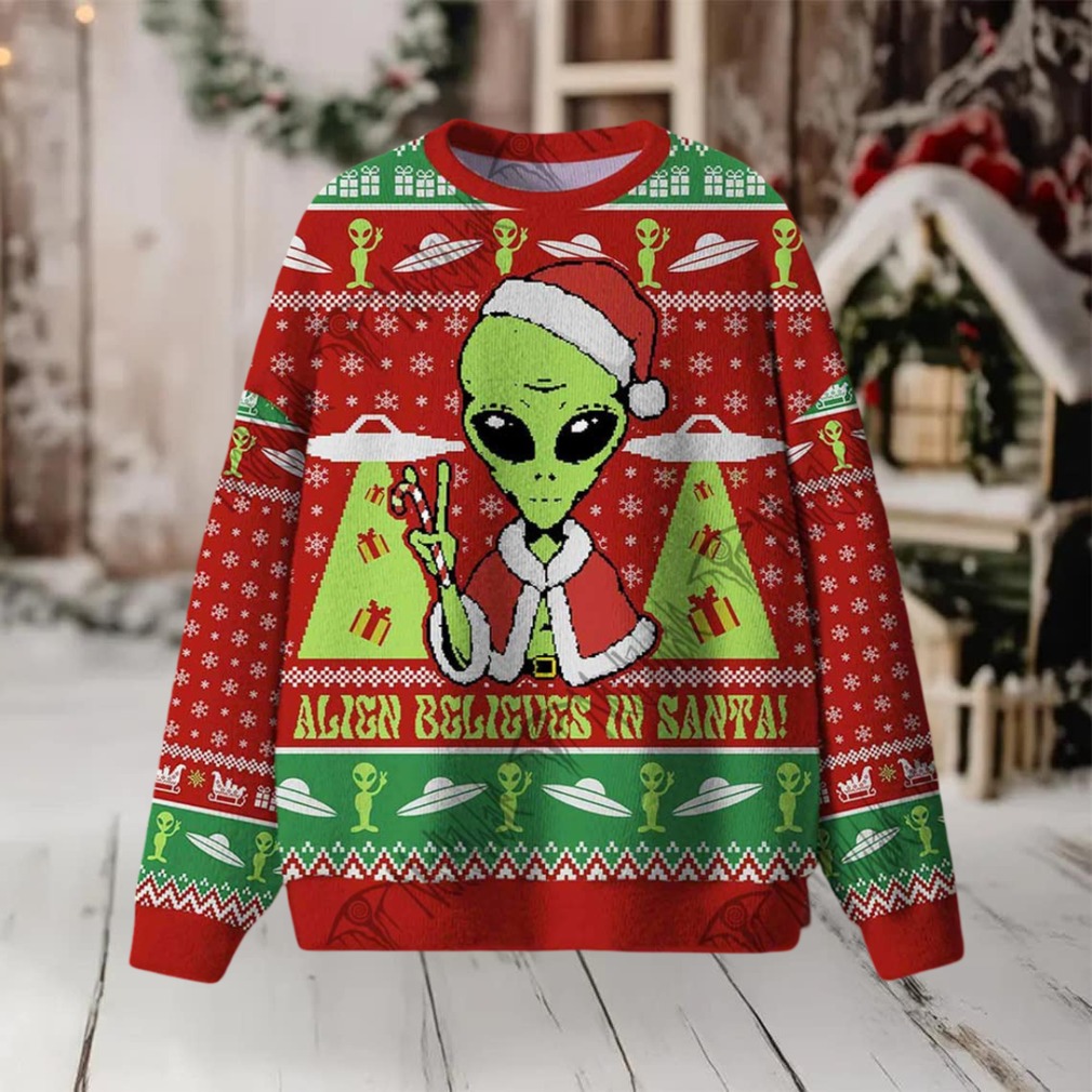 Alien Believes in Santa! Ugly Sweatshirts - Close-up of alien design