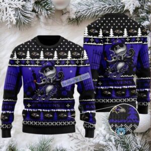 Baltimore Ravens Jack Skellington Ugly Christmas Sweater Naughty Black Blue Baltimore Ravens Jack Skellington Ugly Christmas Sweater Naughty Black Blue