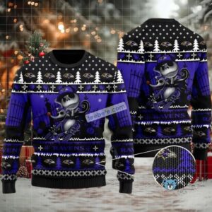 Baltimore Ravens Jack Skellington Ugly Christmas Sweater Naughty Black Blue