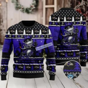 Baltimore Ravens Jack Skellington Ugly Christmas Sweater Naughty Black Blue