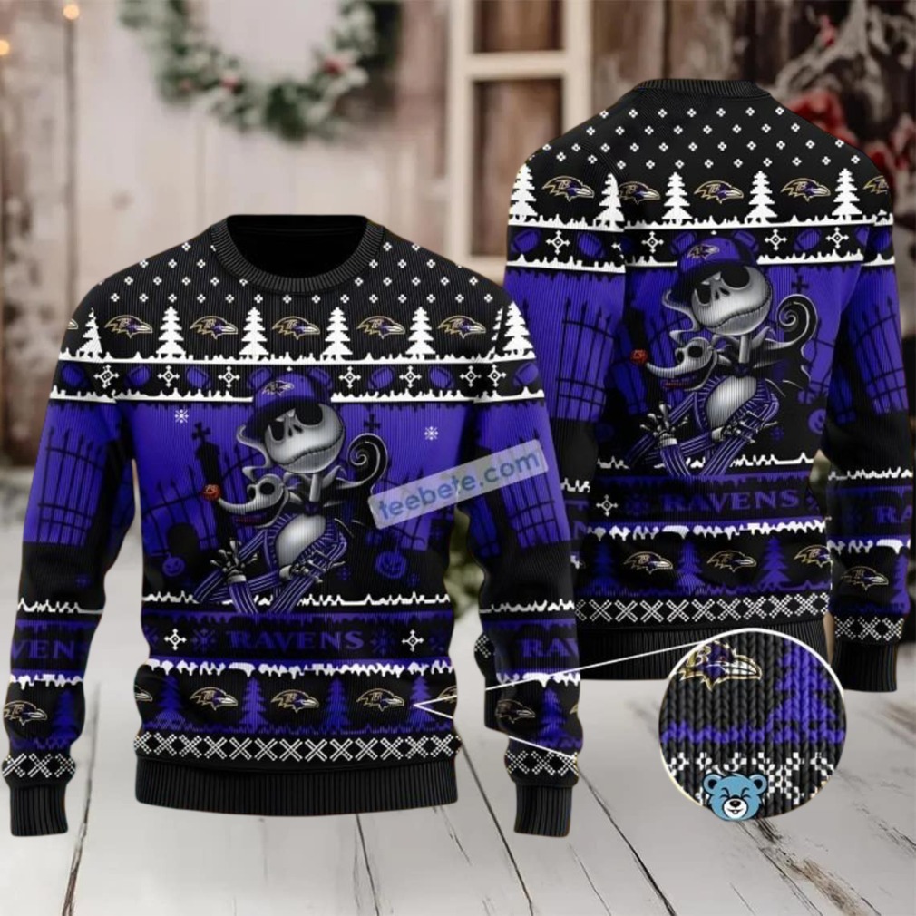 Baltimore Ravens Jack Skellington Ugly Christmas Sweater Naughty Black Blue Baltimore Ravens Jack Skellington Ugly Christmas Sweater Naughty Black Blue