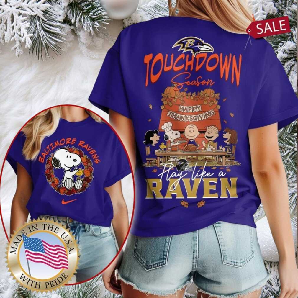 Baltimore Ravens NFL Snoopy Peanuts Touchdown Season Happy Thanksgiving Shirt - Back View