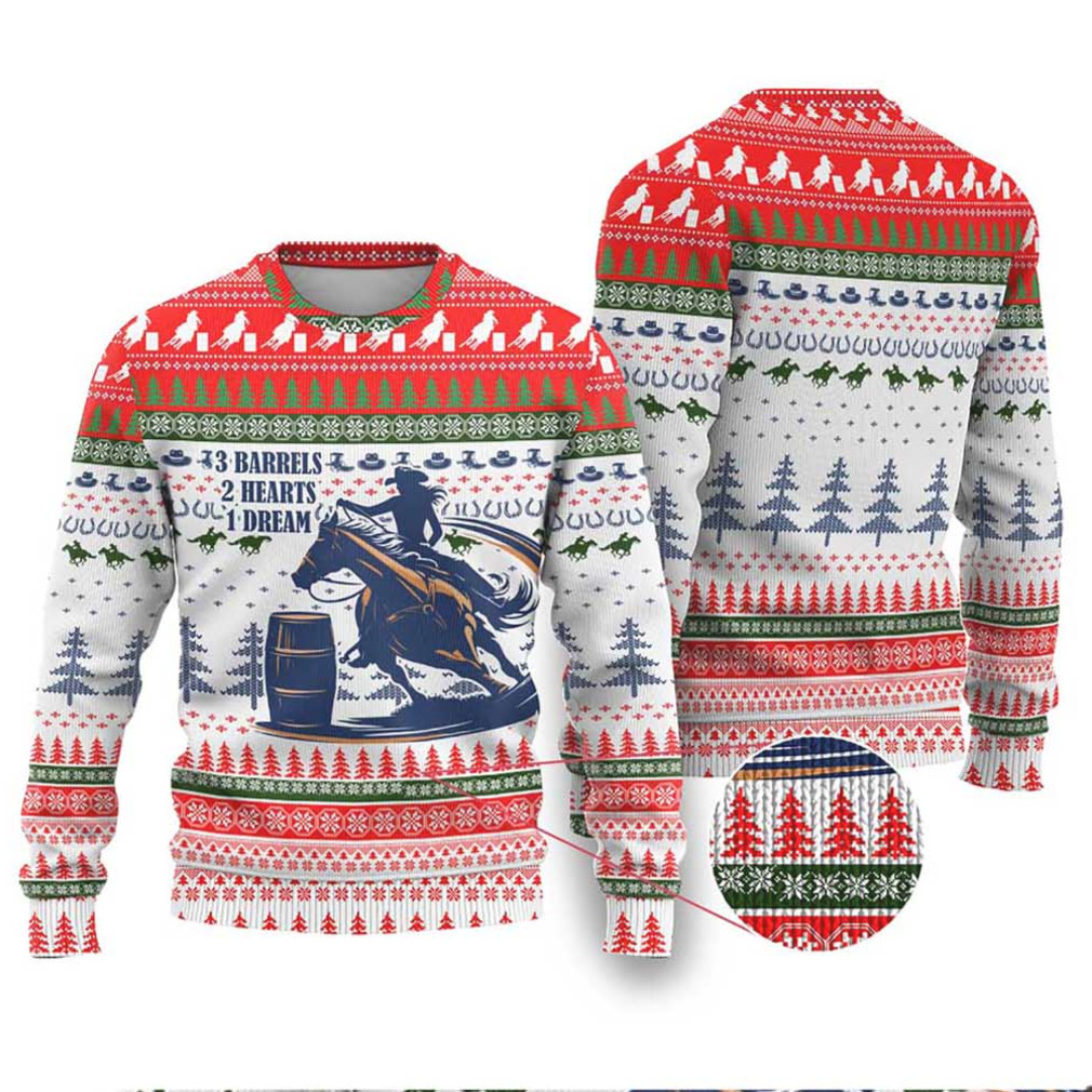 Person laughing while wearing Barrel Racing Christmas Ugly Christmas Sweater