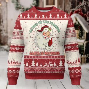 Be Nice To The Teacher Santa Is Watching Retro Groovy Christmas Ugly Christmas Sweater