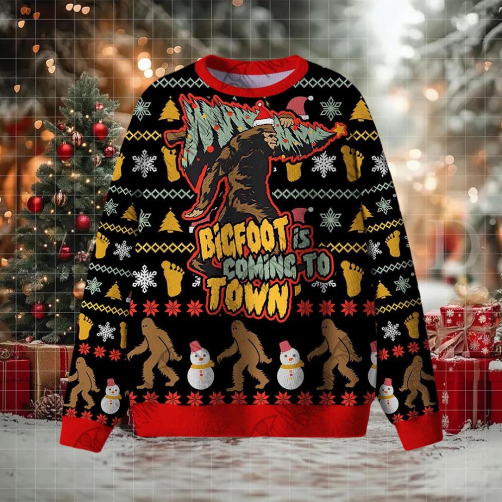 Bigfoot is Coming to Town Ugly Sweatshirt showing Bigfoot in a Santa hat
