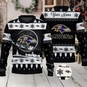 Black Baltimore Ravens NFL Ugly Christmas Sweater Name Customized Black Baltimore Ravens NFL Ugly Christmas Sweater Name Customized