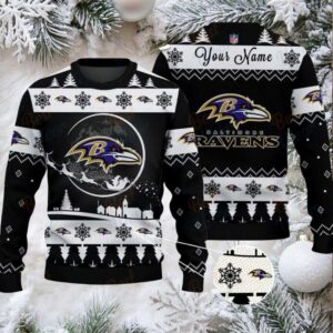 Black Baltimore Ravens NFL Ugly Christmas Sweater   Name Customized
