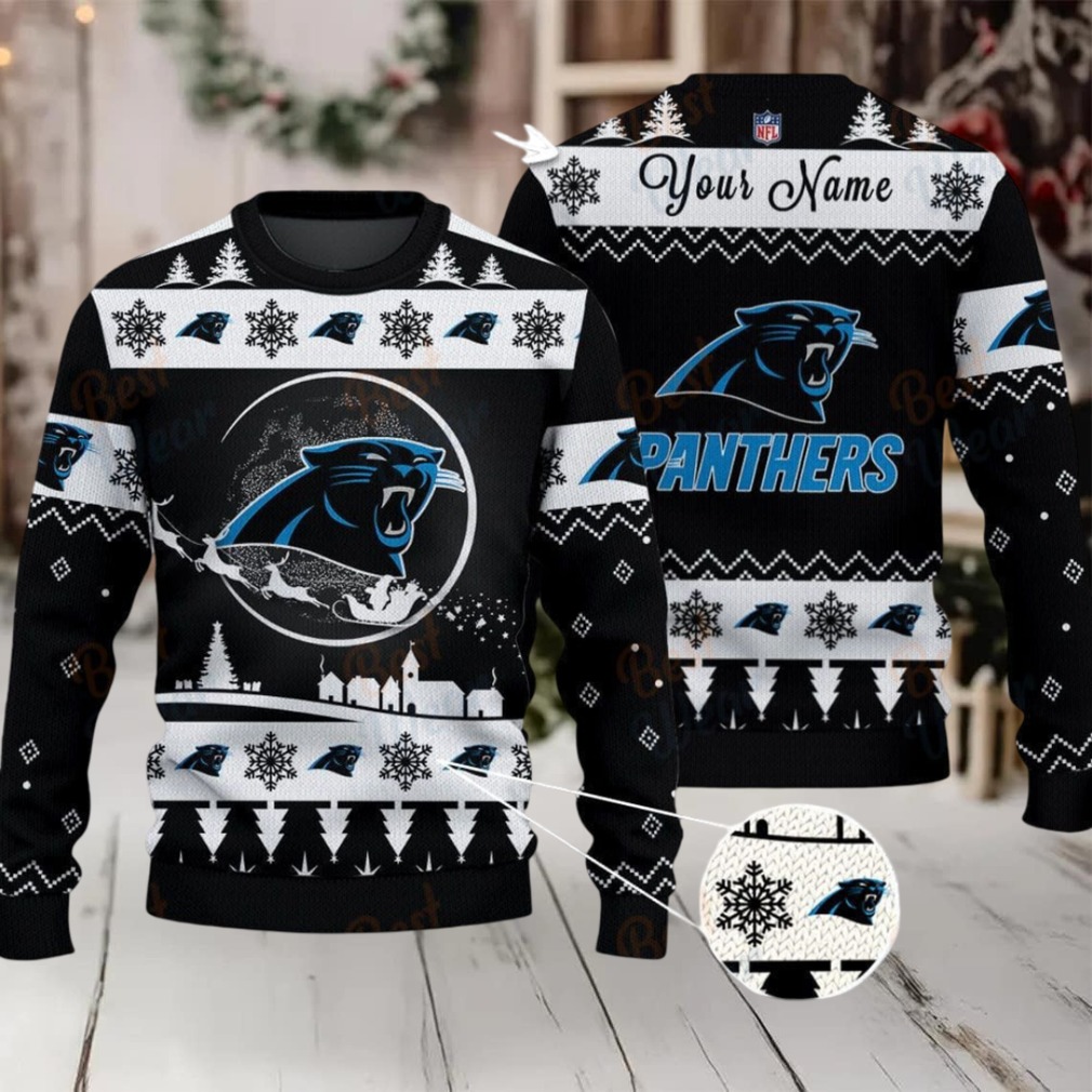 Black Carolina Panthers NFL Ugly Christmas Sweater Name Customized