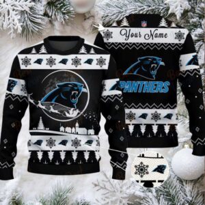 Black Carolina Panthers NFL Ugly Christmas Sweater Name Customized