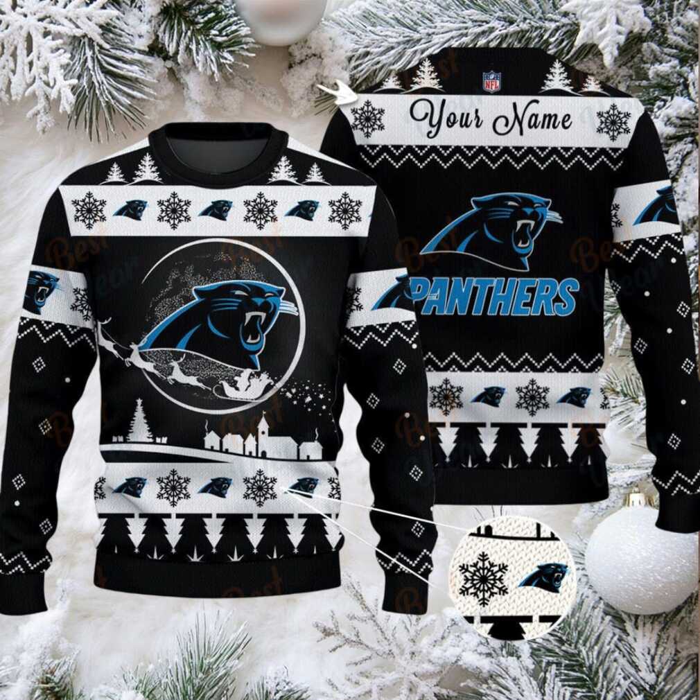 Black Carolina Panthers NFL Ugly Christmas Sweater Name Customized