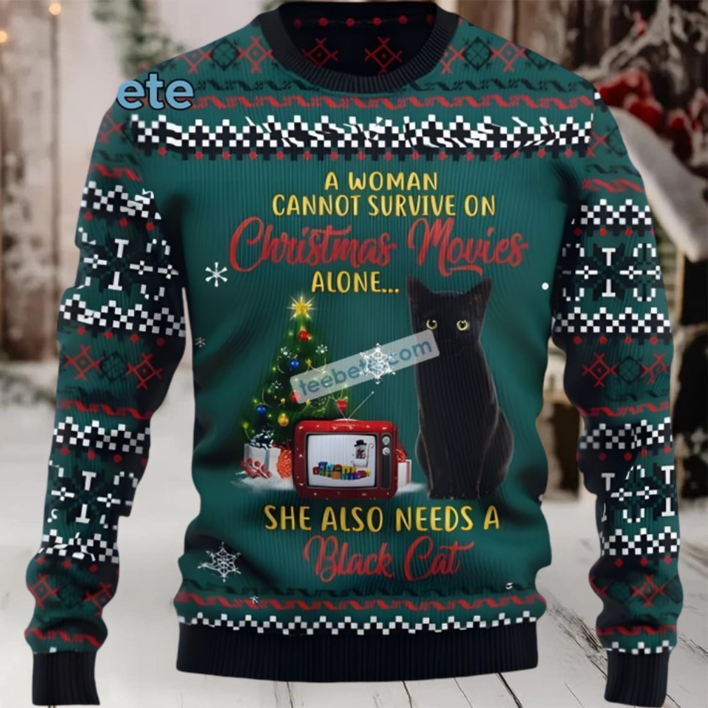 Black Cat Christmas Movies Funny Ugly Sweaters Adults Black Cat Christmas Movies Funny Ugly Sweaters Adults