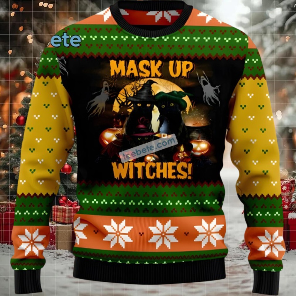 Black Cat Dad Mask Up Witches Ugliest Ugly Christmas Sweaters