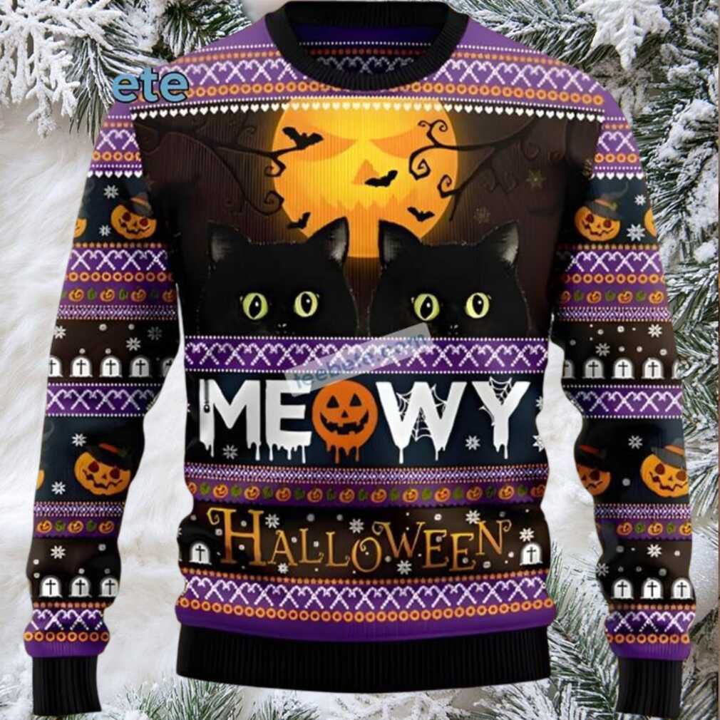 Black Cat Dad Meowy Halloween Mens Ugly Christmas Sweater Black Cat Dad Meowy Halloween Mens Ugly Christmas Sweater