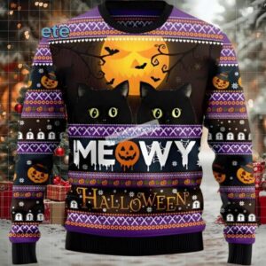 Black Cat Dad Meowy Halloween Mens Ugly Christmas Sweater