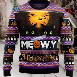 Black Cat Dad Meowy Halloween Mens Ugly Christmas Sweater
