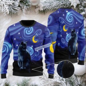 Black Cat Starry Night Ugly Xmas Sweater Party Black Cat Starry Night Ugly Xmas Sweater Party