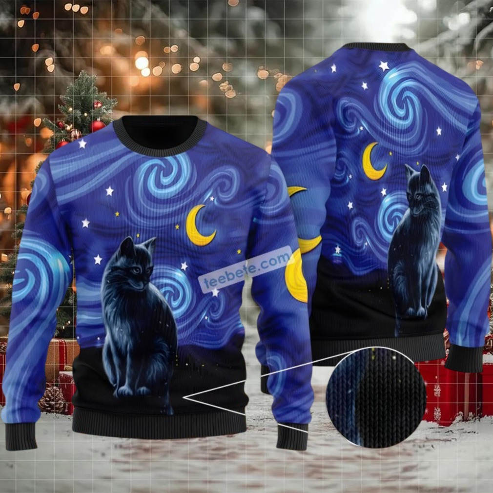 Black Cat Starry Night Ugly Xmas Sweater Party