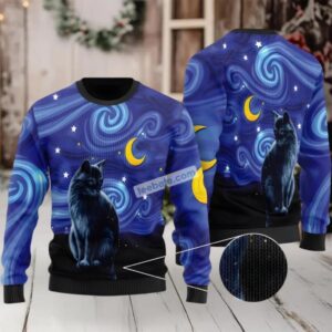 Black Cat Starry Night Ugly Xmas Sweater Party