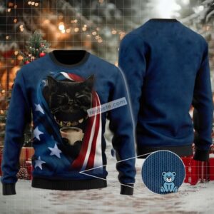 Black Cat Us Flag Family Ugly Christmas Sweaters