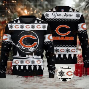 Black Chicago Bears NFL Ugly Christmas Sweater Name Customized