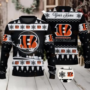 Black Cincinnati Bengals NFL Ugly Christmas Sweater Name Customized