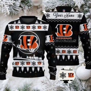 Black Cincinnati Bengals NFL Ugly Christmas Sweater Name Customized