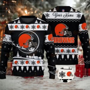 Black Cleveland Browns NFL Ugly Christmas Sweater Name Customized