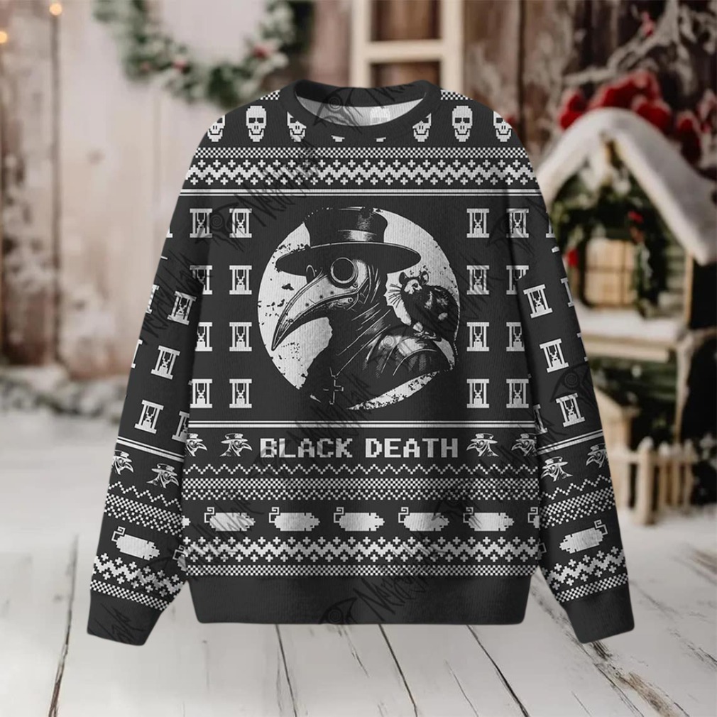 Person wearing Black Death Ugly Sweatshirts at a themed holiday party
