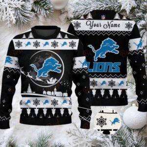 Black Detroit Lions NFL Ugly Christmas Sweater Name Customized