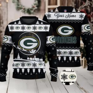 Black Green Bay Packers NFL Ugly Christmas Sweater Name Customized