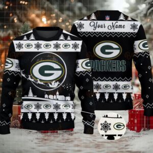 Black Green Bay Packers NFL Ugly Christmas Sweater Name Customized