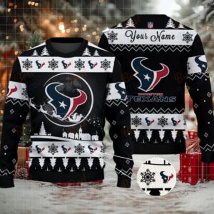 Black Houston Texans NFL Ugly Christmas Sweater Name Customized