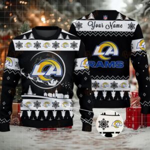 Black Los Angeles Rams NFL Ugly Christmas Sweater Name Customized