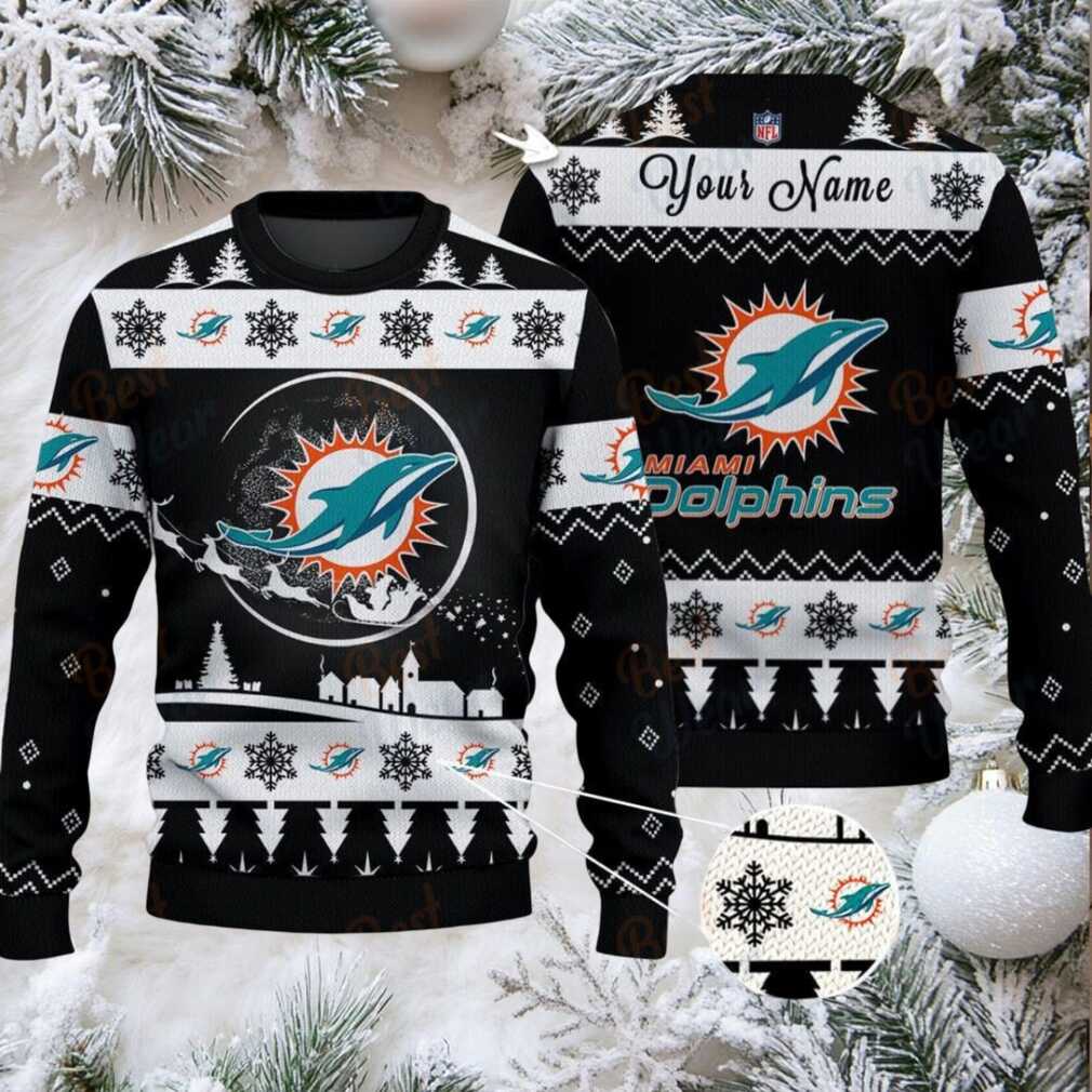 Black Miami Dolphins NFL Ugly Christmas Sweater Name Customized Black Miami Dolphins NFL Ugly Christmas Sweater Name Customized