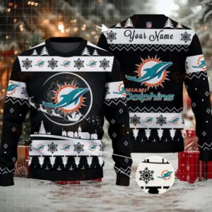 Black Miami Dolphins NFL Ugly Christmas Sweater Name Customized