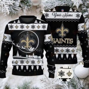 Black New Orleans Saints NFL Ugly Christmas Sweater Name Customized