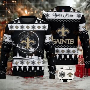Black New Orleans Saints NFL Ugly Christmas Sweater Name Customized