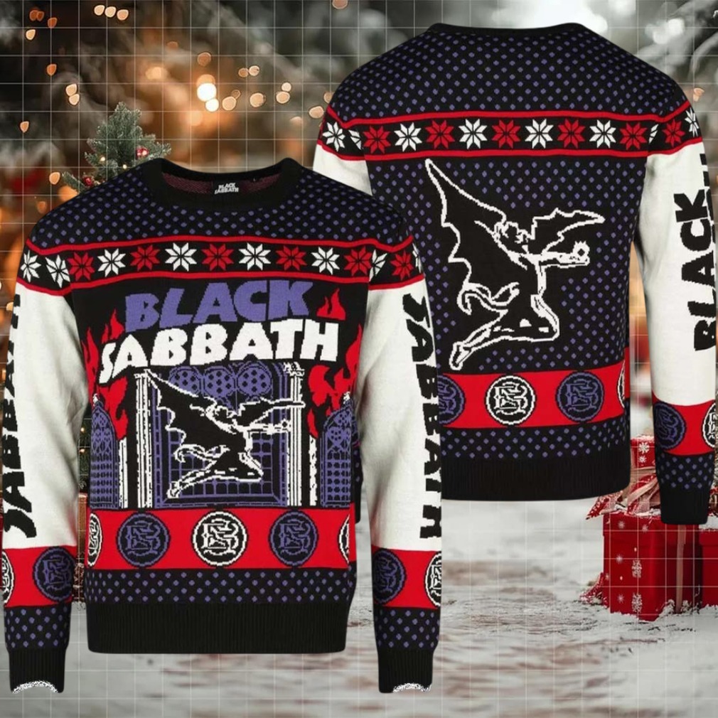 Person wearing Black Sabbath Christmas Sweater at a party