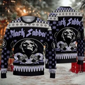 Black Sabbath The Death Skeleton Holding Candy Crane Gift For Fans Ugly Christmas Sweater